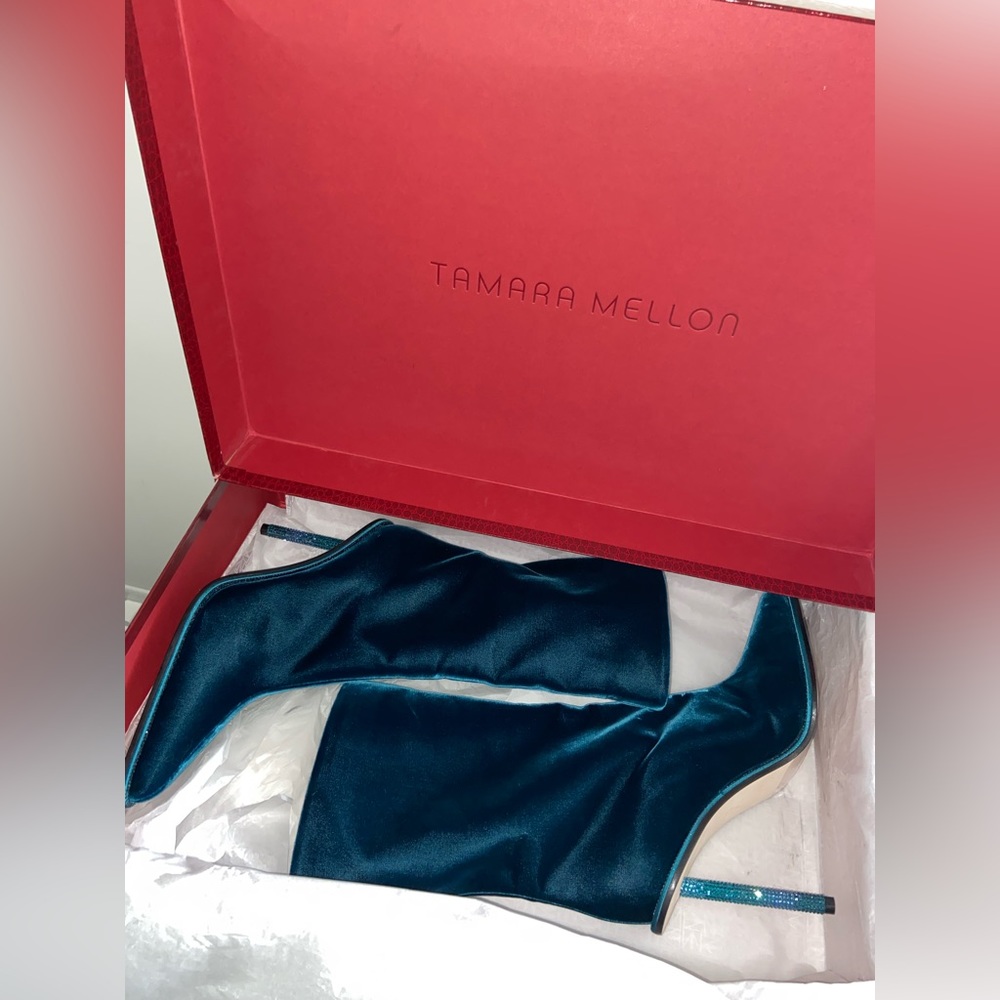 Tamara Mellon Galaxy Blue Velvet Swarovski Crystal Embellished Boots